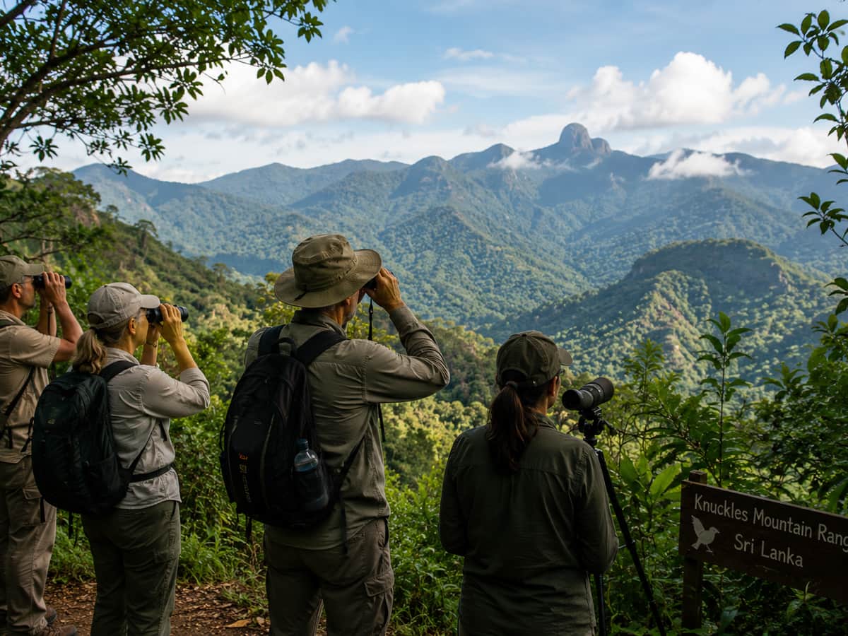 A guided group scanning the ridge line for endemic species