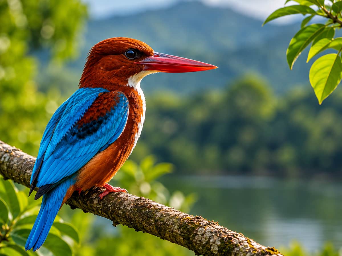 A White-throated Kingfisher perched above the water in the Knuckles range