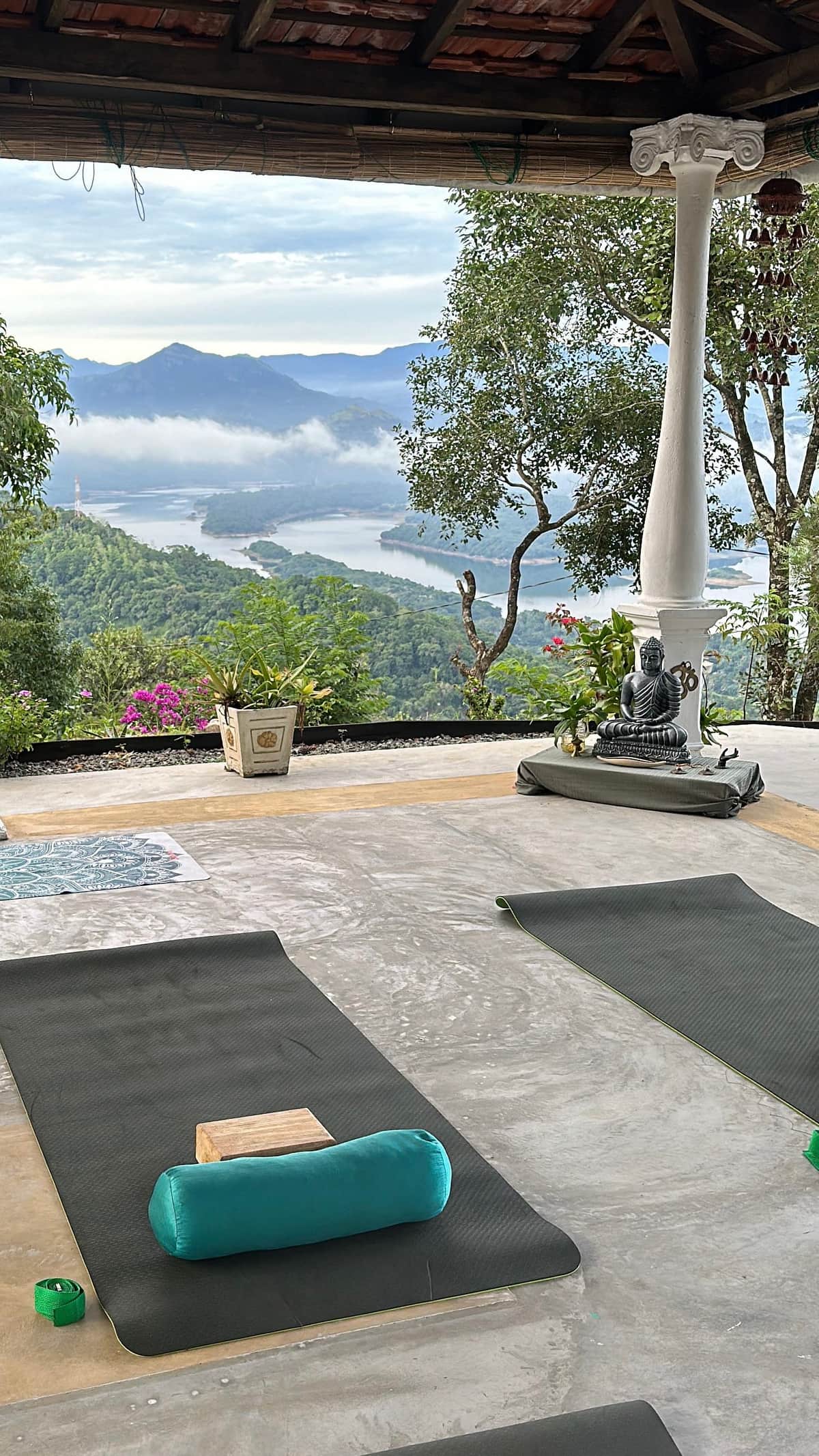 Mats laid out in the Yin Shala, above Victoria Lake, beside the Buddha